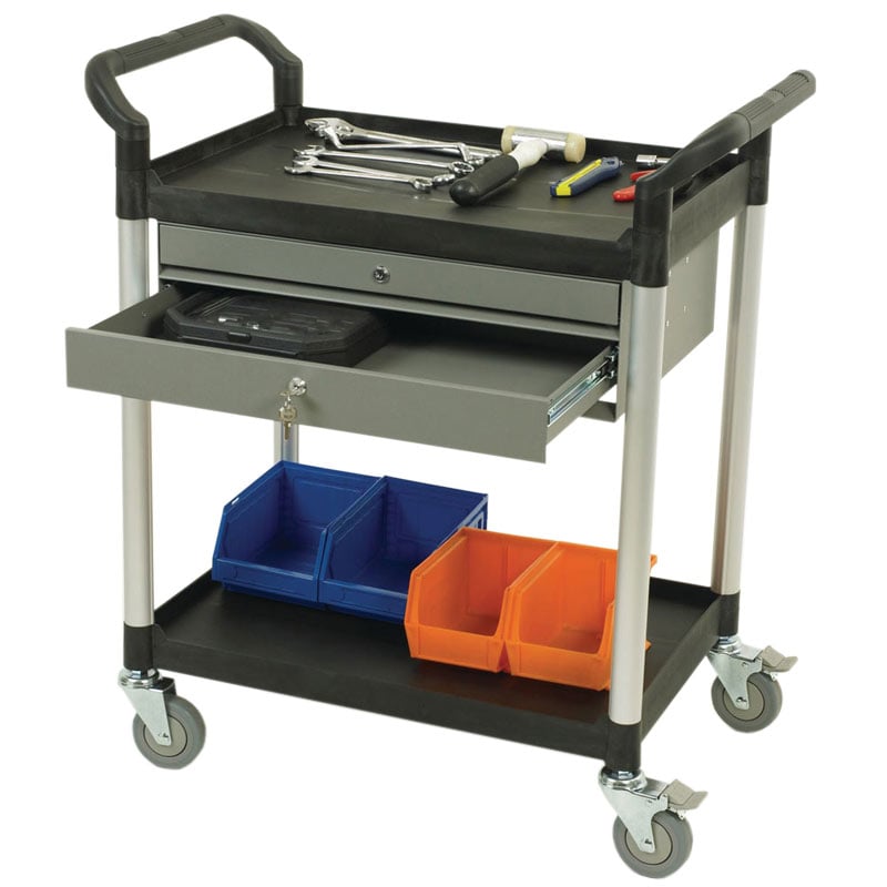 2 Shelves Utility Tool Trolley W/ Two Locking Drawers