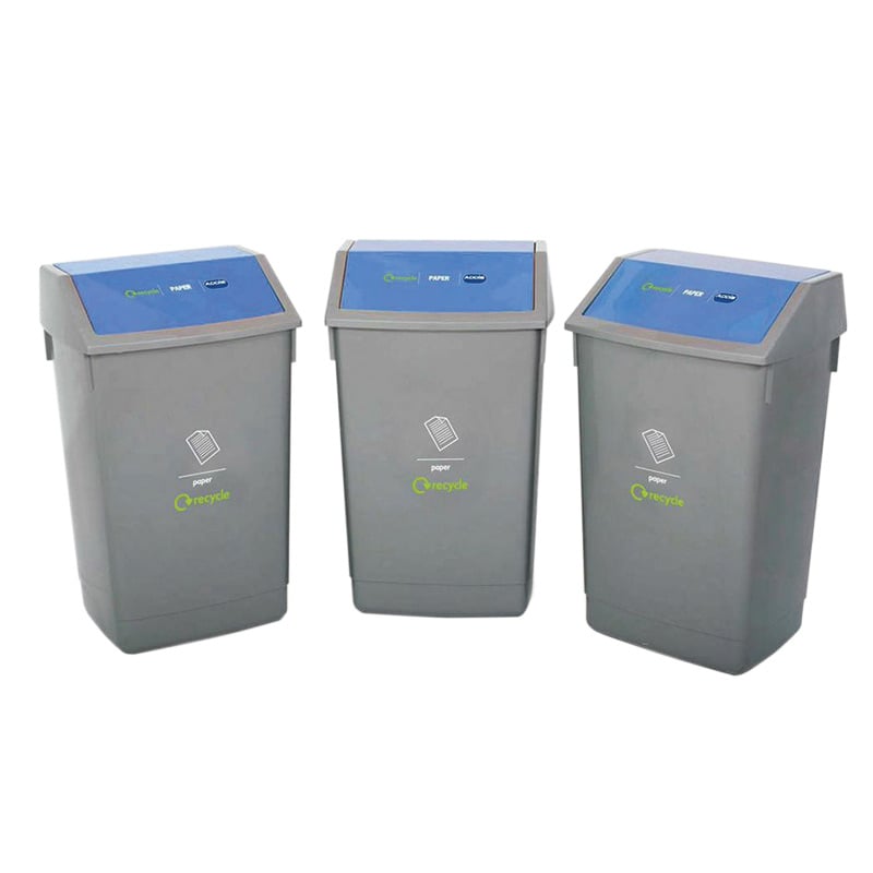 Kit of 3 x 54L Paper Recycling Bins with Blue Flip-Top Lids