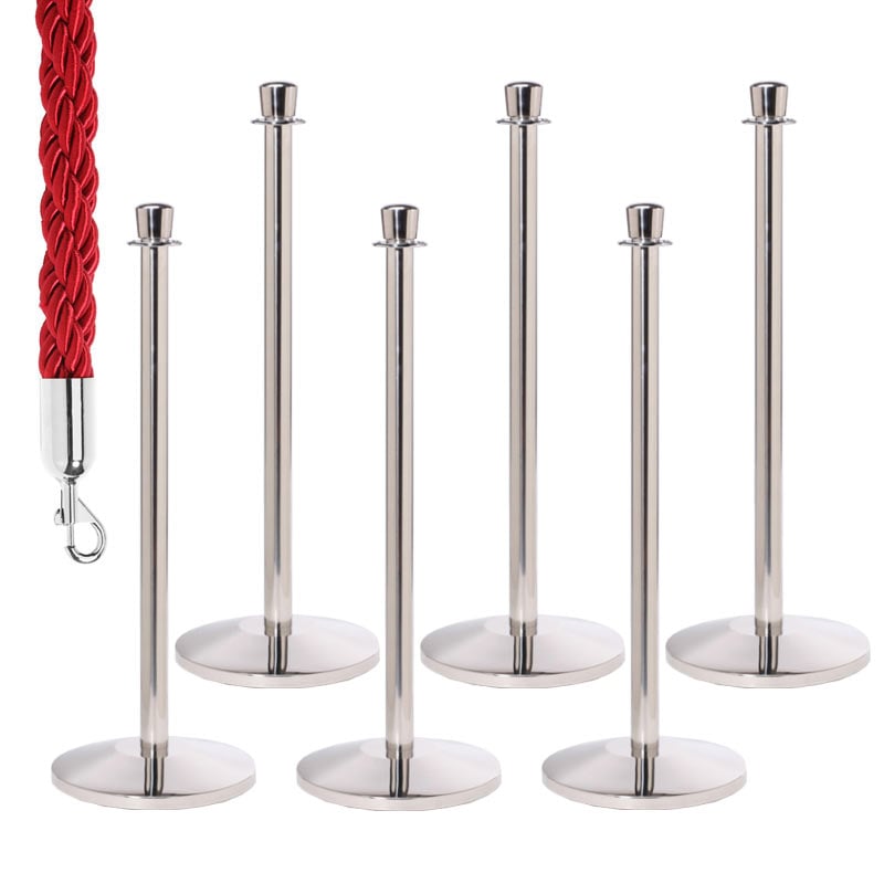 6 Crown Top Barrier Posts with 5 Braided Maroon Ropes