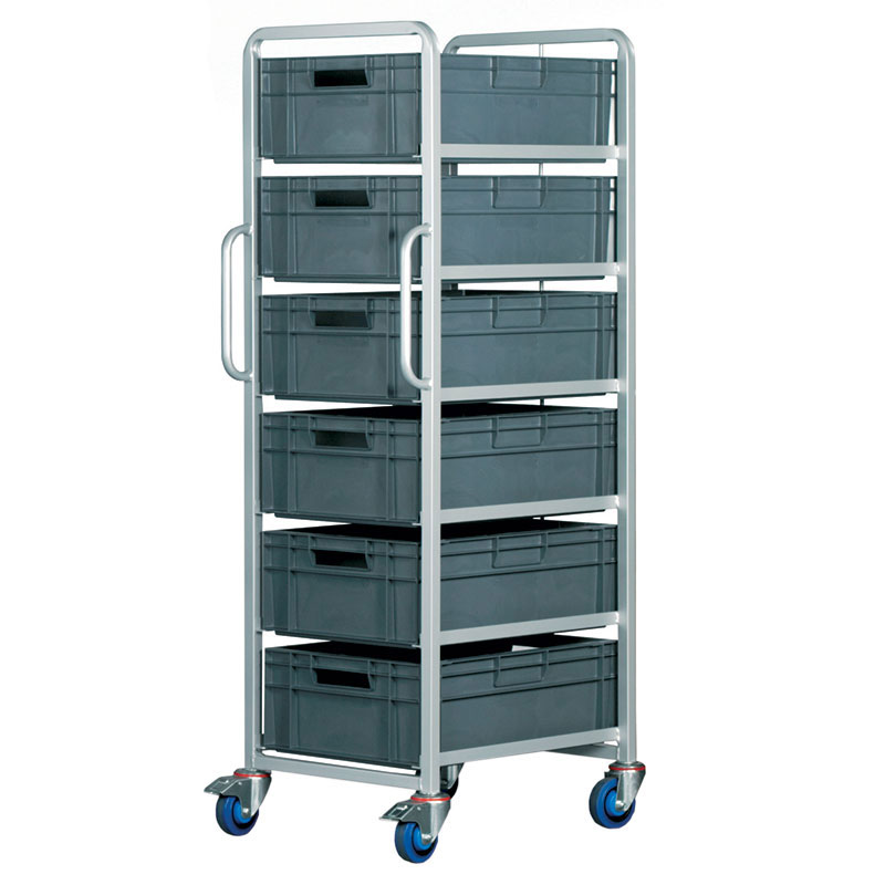 Euro Container Tray Trolley / Rack with 6 trays 200h + Braked wheels