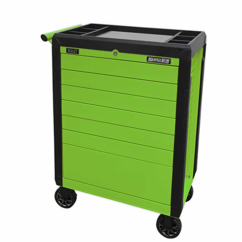 Sealey Superline Pro 7 Drawer push-to-open Rollcab - Hi Vis Green