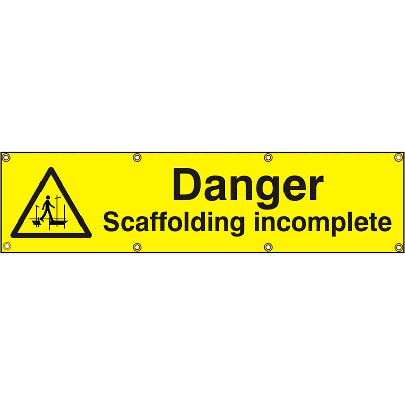 PVC Scaffold Banner with Eyelets - Yellow & Black - Danger Scaffolding Incomplete - 1200 x 300mm