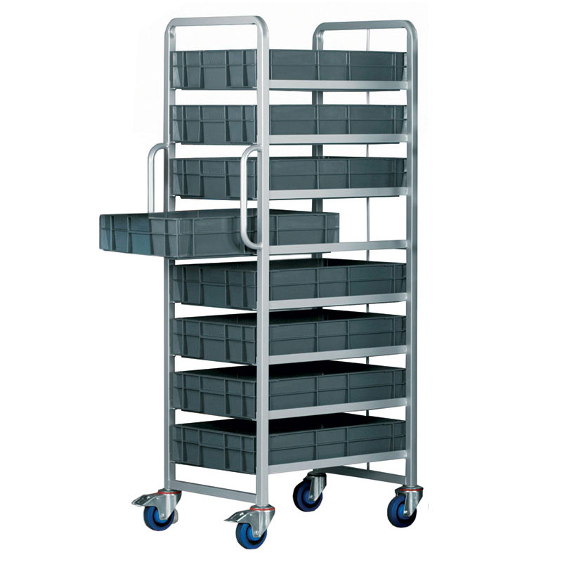 Euro Container Tray Trolley / Rack with 8 trays 120h + Braked wheels