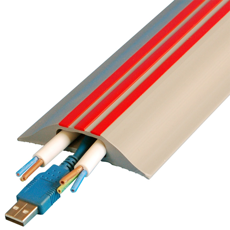 9m Hazard Identification Cable Cover - Grey with Red Stripes - 1 Hole: 30 x 10mm - Overall Dimensions: 18 x 82 x 9000mm