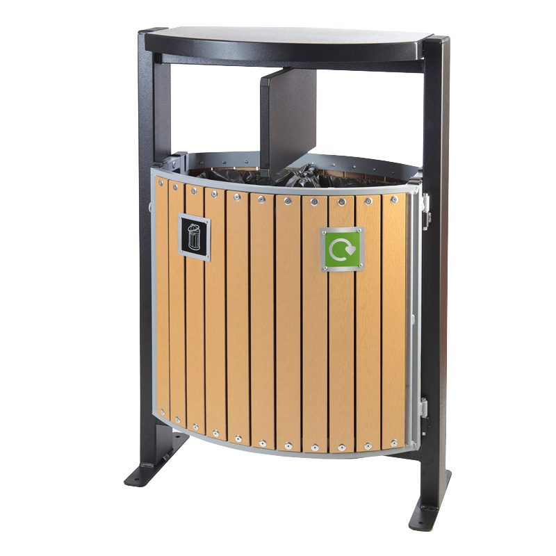 Wood Effect Outdoor Park Litter Bin - Two compartment