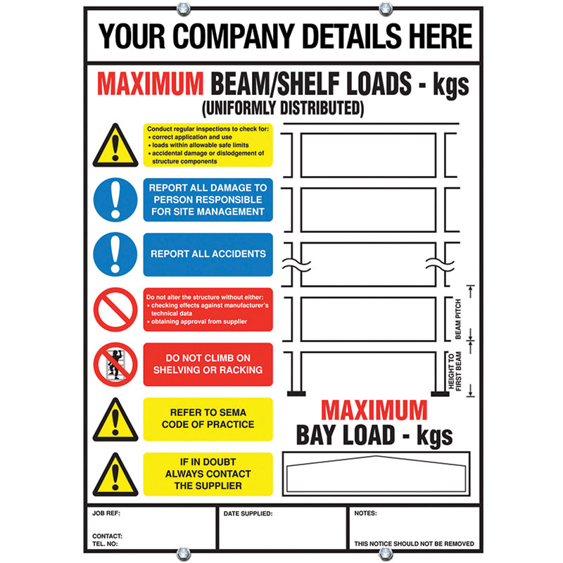 Weight Load Notice for Shelving & Pallet Racking 470h x 350w