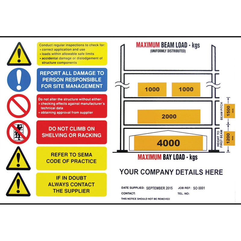 Weight Load Notice for Pallet Racking 297h x 420w