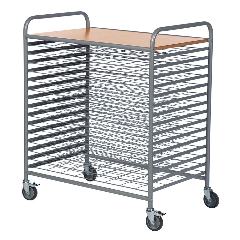 15 Level Art Drying Trolley- 45mm between shelves - Grey powder coated frame with beech laminate top