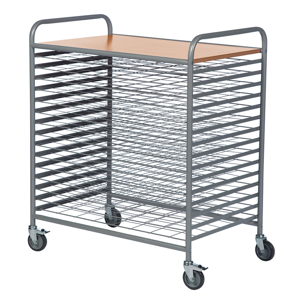 15 Level Art Drying Trolley- 45mm between shelves - Grey powder coated frame & beech laminate top