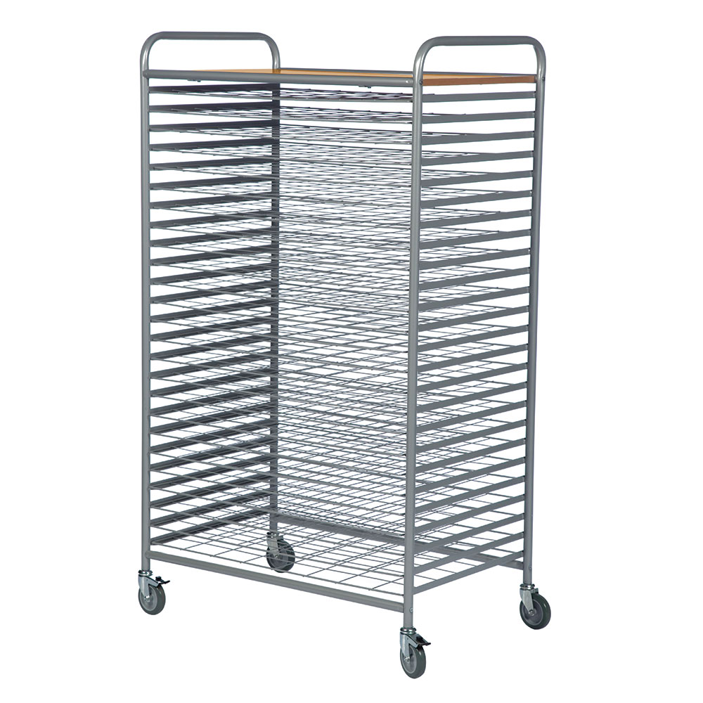 25 Level Art Drying Trolley - 45mm between shelves - Grey powder coated frame with beech laminate top