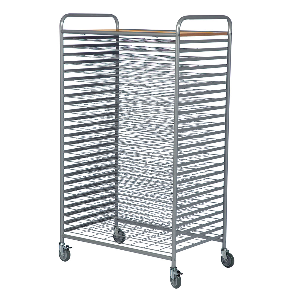 25 Level Art Drying Trolley - 45mm between shelves - Grey powder coated frame & beech laminate top