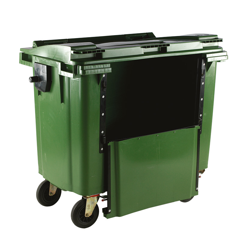 1100L Green Wheelie Bin With Drop Down Front and Flat Lid - 1450 x 1400 x 1200mm