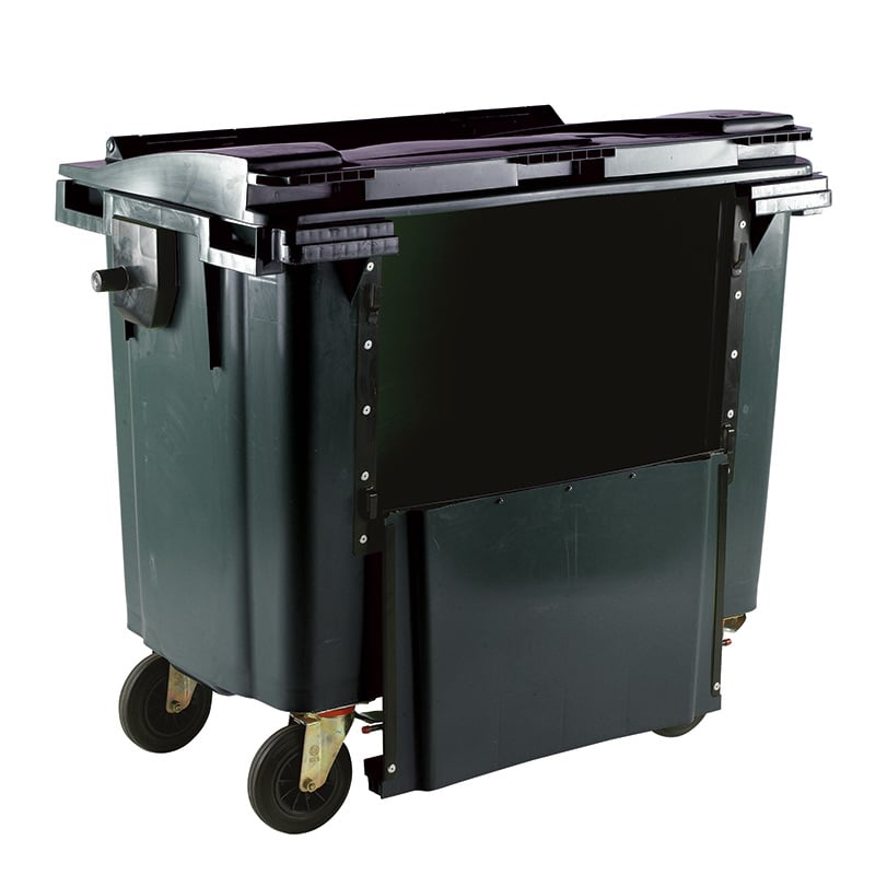 1100L Grey Wheelie Bin With Drop Down Front and Flat Lid - 1450 x 1400 x 1200mm
