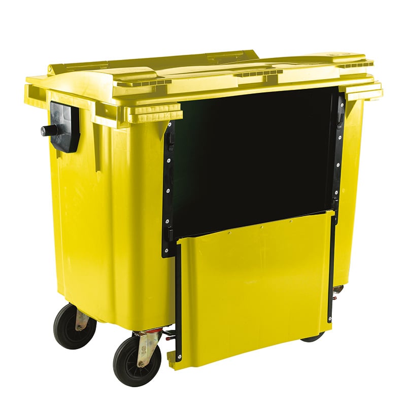 1100L Yellow Wheelie Bin With Drop Down Front and Flat Lid - 1450 x 1400 x 1200mm
