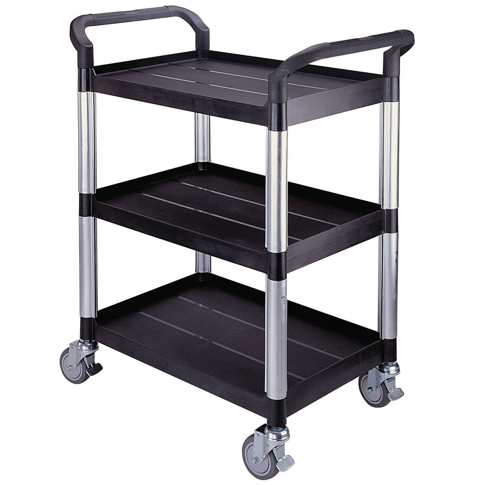 3 Shelf Black Plastic & Aluminium Tray Trolley - 950 x 480 x 850mm - 250kg Capacity