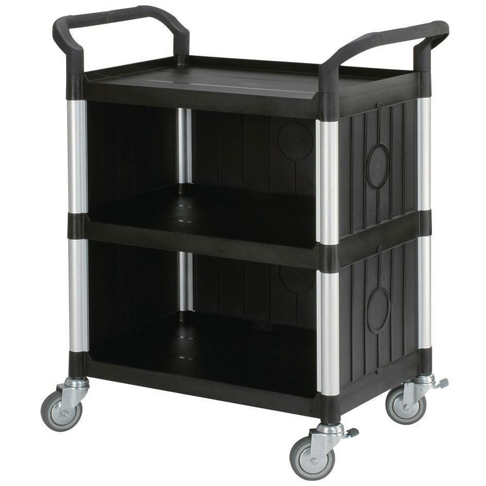 3 Shelf Plastic & Aluminium Tray Trolley - Panels on 3 Sides - 1000 x 480 x 850mm - 250kg