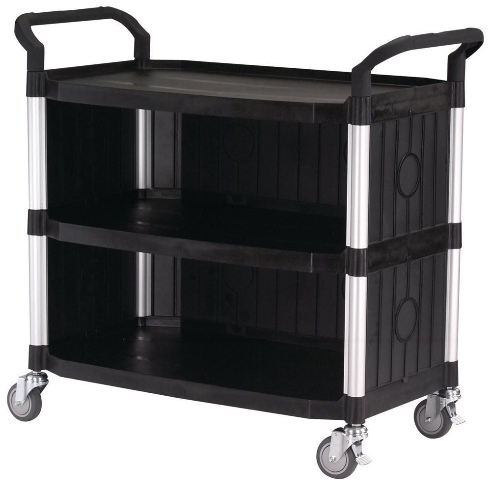 3 Shelf Black Plastic & Aluminium Tray Trolley - Panels on 3 Sides - 1020 x 520 x 1100mm - 250kg