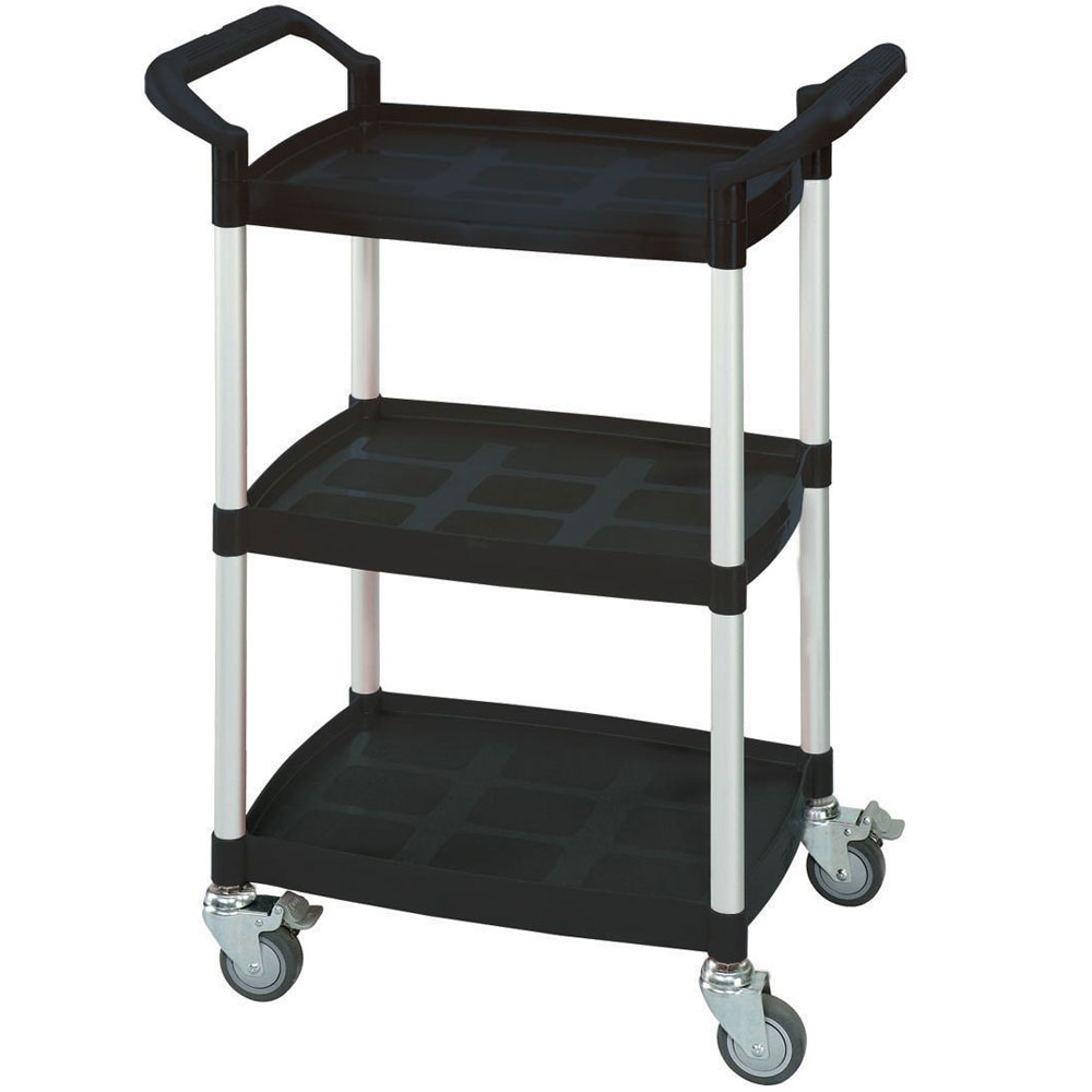 3 Shelf Black Plastic & Aluminium Tray Trolley - 900 x 370 x 655mm - 150kg Capacity