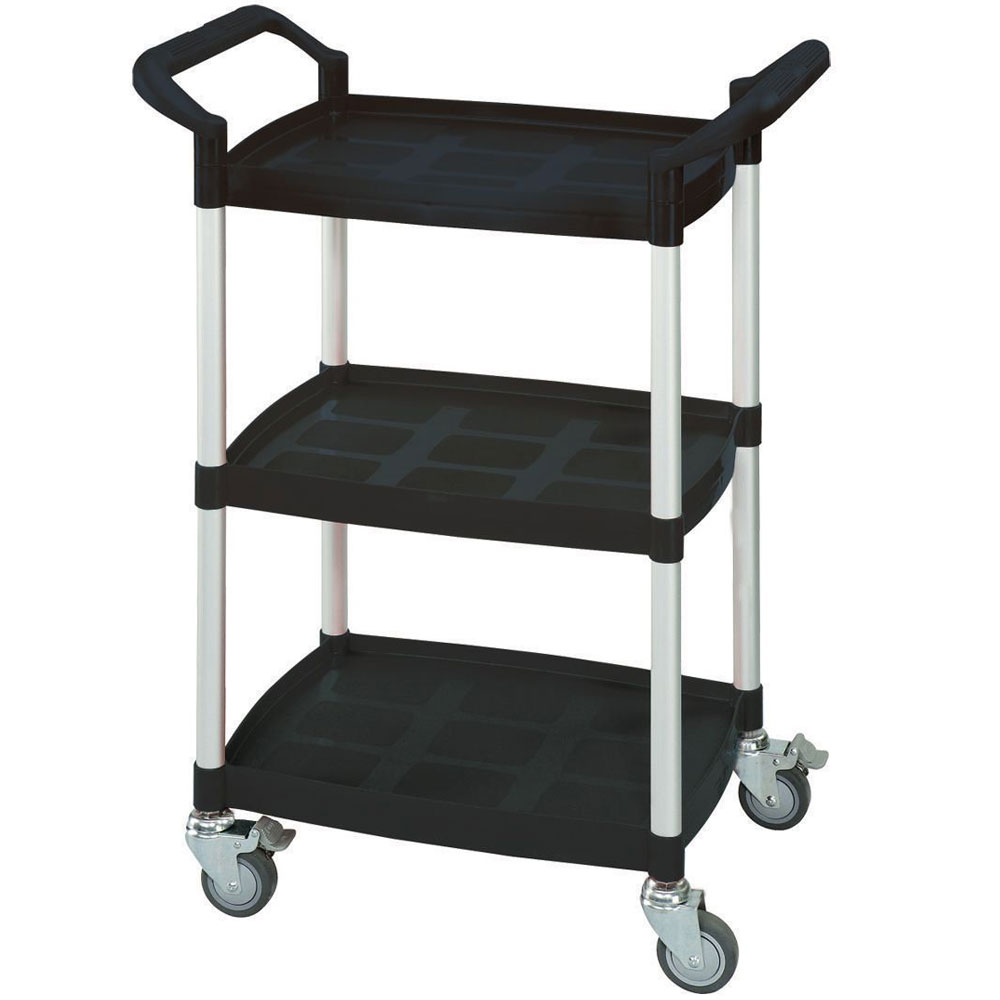 3 Shelf Black Plastic & Aluminium Tray Trolley - 900 x 370 x 655mm - 150kg
