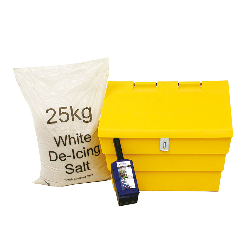 Mini 50 Litre Grit Bin With Hasp And Staple With 1 x 25kg Bag White De-Icing Salt And Scoop