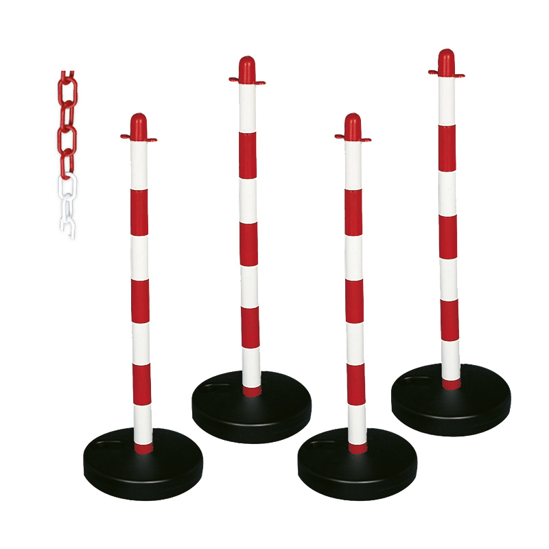 Barrier Kit - 4 Posts, 6mm Chain, Fillable Circular Base, Red & White