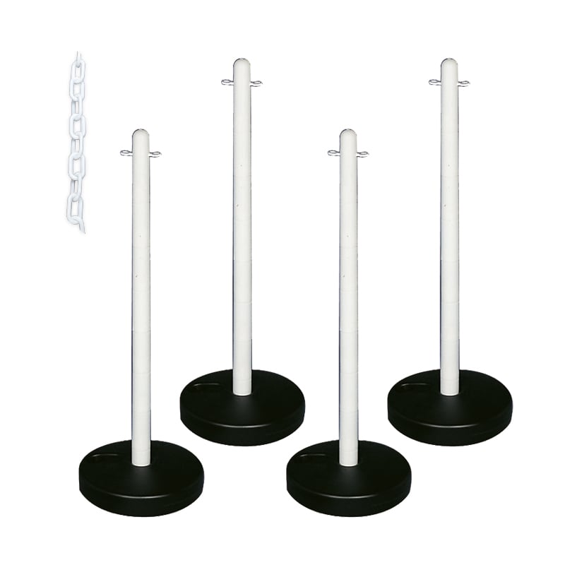 Barrier Kit - 4 Posts, 6mm Chain, Fillable Circular Base, White