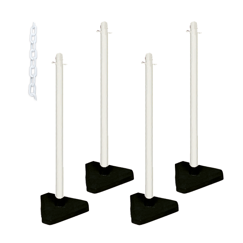 Barrier Kit - 4 Posts, 6mm Chain, Concrete Triangular base, White