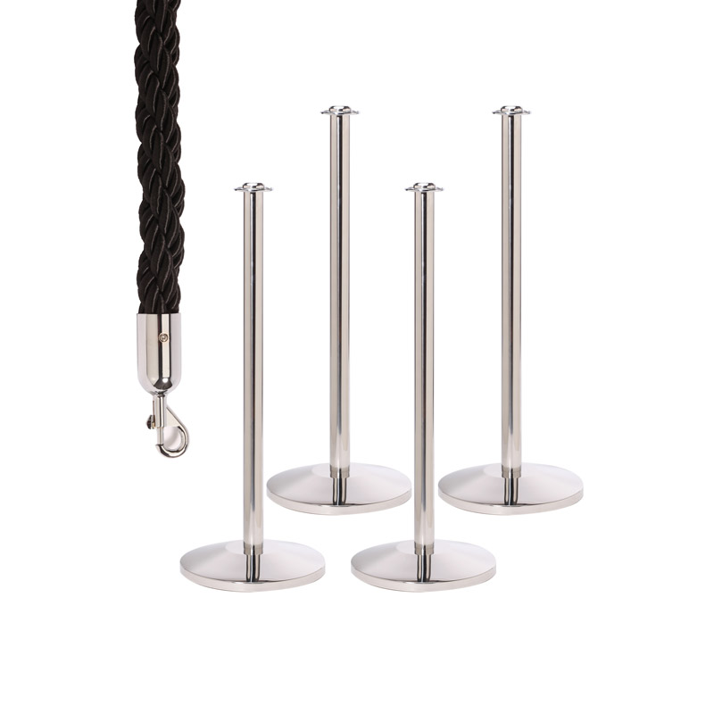 4 Flat Top Rope Barrier Posts with 3 Black 1.8m Braided Ropes