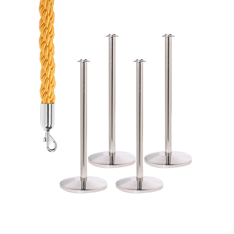 4 Flat Top Rope Barrier Posts with 3 Gold 1.8m Braided Ropes