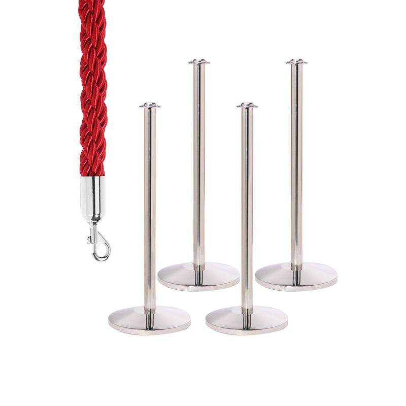 4 Flat Top Rope Barrier Posts with 3 Maroon 1.8m Braided Ropes
