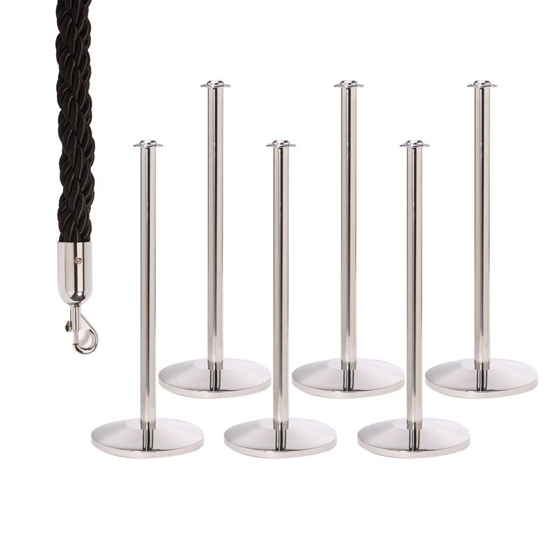 6 Flat Top Rope Barrier Posts with 5 Black 1.8m Braided Ropes