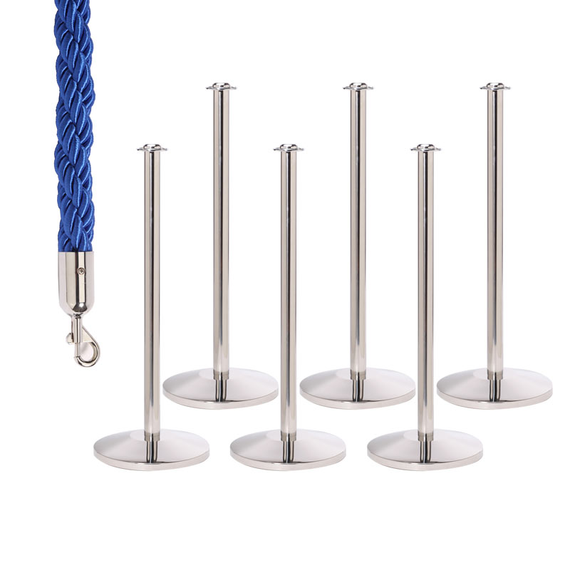 6 Flat Top Rope Barrier Posts with 5 Blue 1.8m Braided Ropes