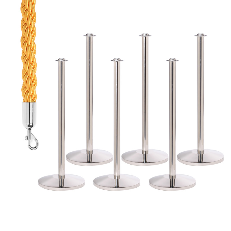 6 Flat Top Rope Barrier Posts with 5 Gold 1.8m Braided Ropes