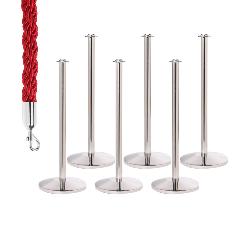 6 Flat Top Rope Barrier Posts with 5 Maroon 1.8m Braided Ropes