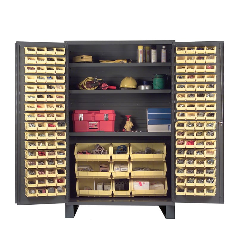 Jumbo Steel Storage Cabinet with 137 Plastic Small Parts Bins and 3 Shelves