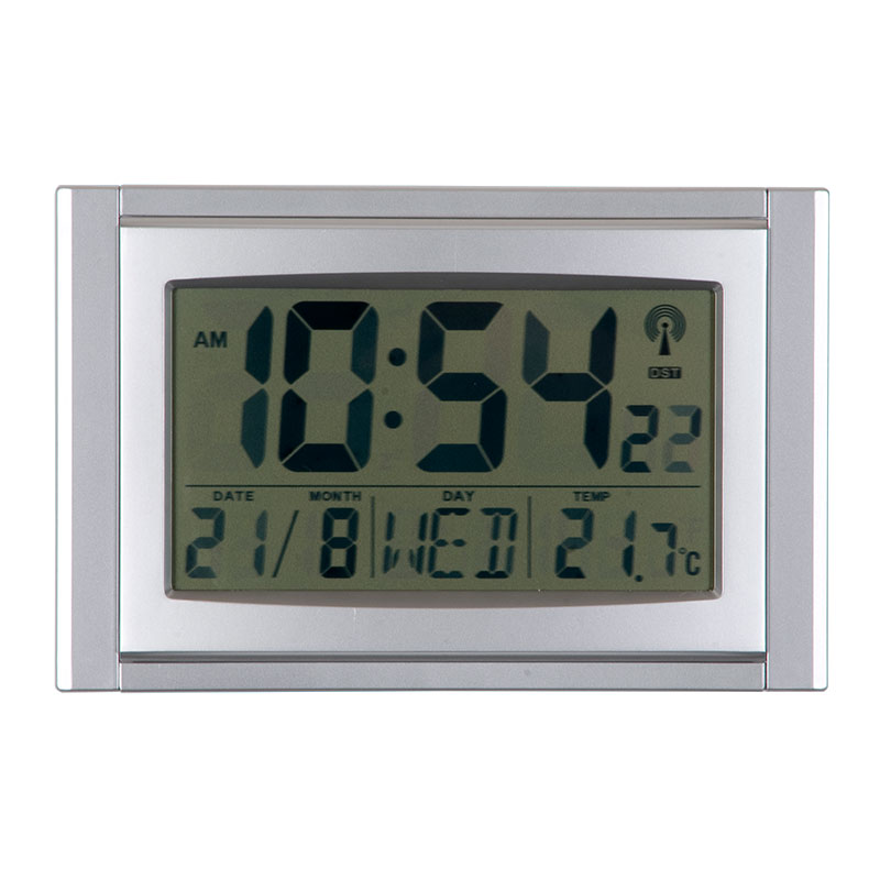 LCD radio controlled wall clock with calendar and temperature - 155 x 240 x 35mm - Silver