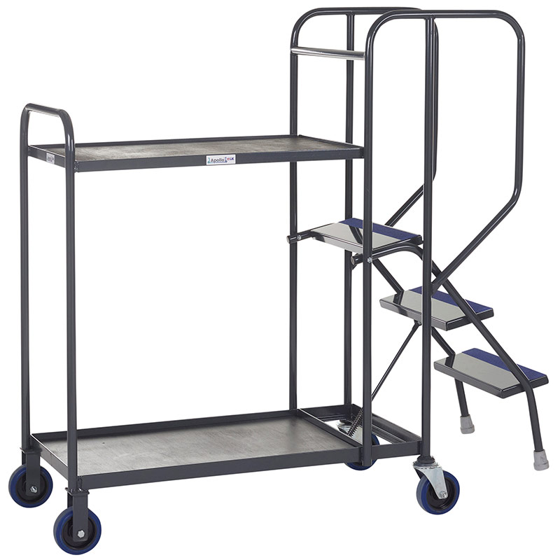 Apollo Picking Trolley with 3 Steps and 2 Timber Shelves - Grey - 1380 x 600 x 1440mm