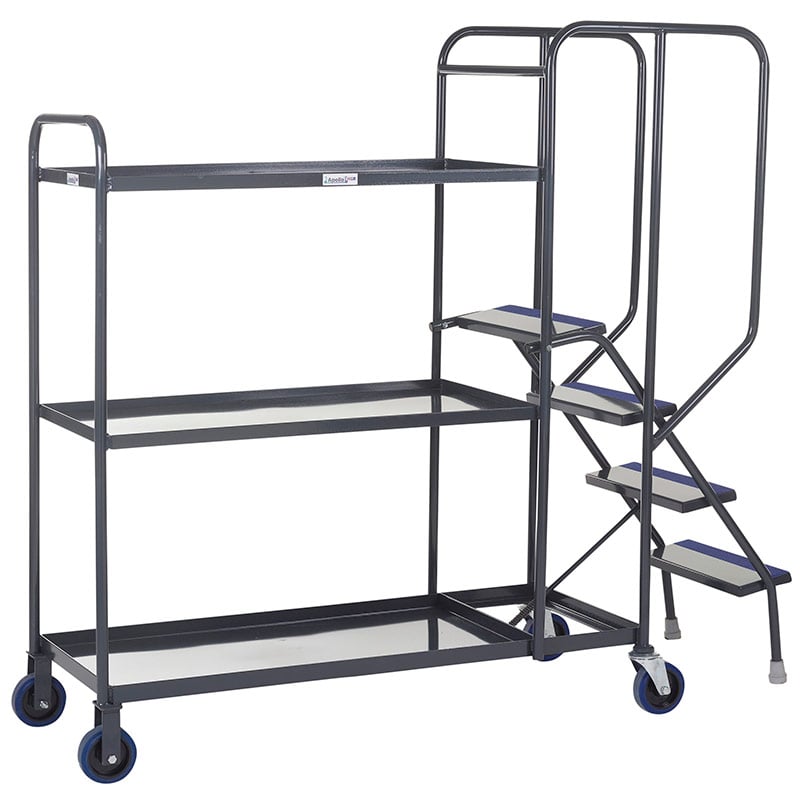 Apollo Picking Trolley with 4 Steps and 3 Steel Shelves - Grey - 1570 x 600 x 1750mm