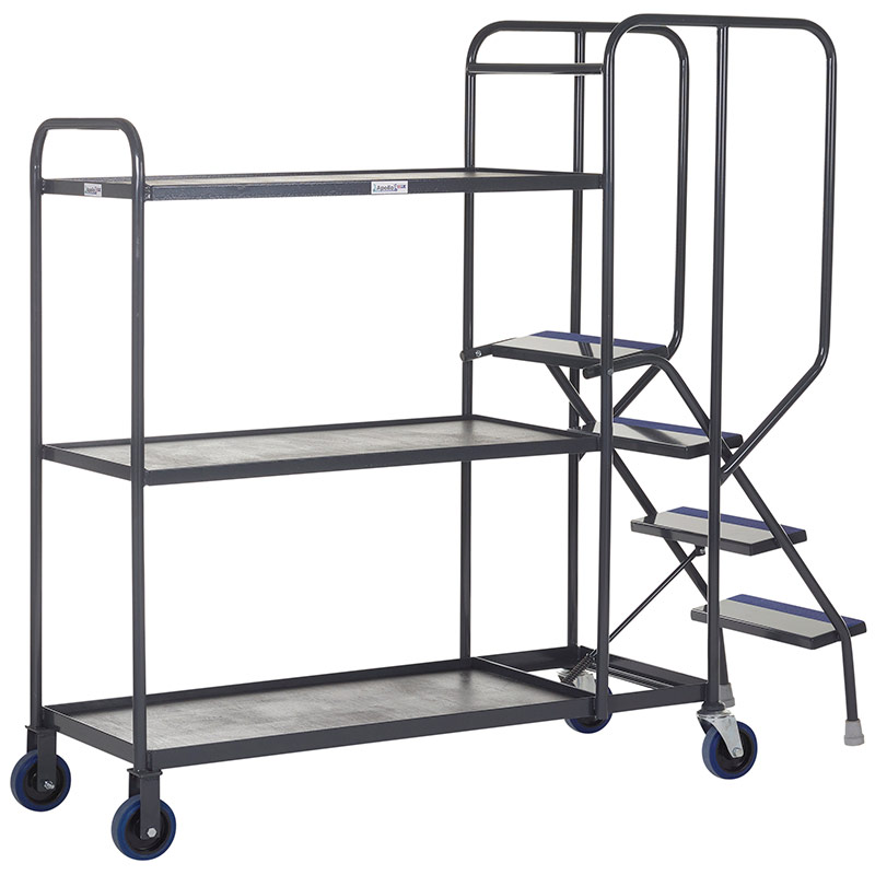 Apollo Picking Trolley with 4 Steps and 3 Timber Shelves - Grey - 1570 x 600 x 1750mm