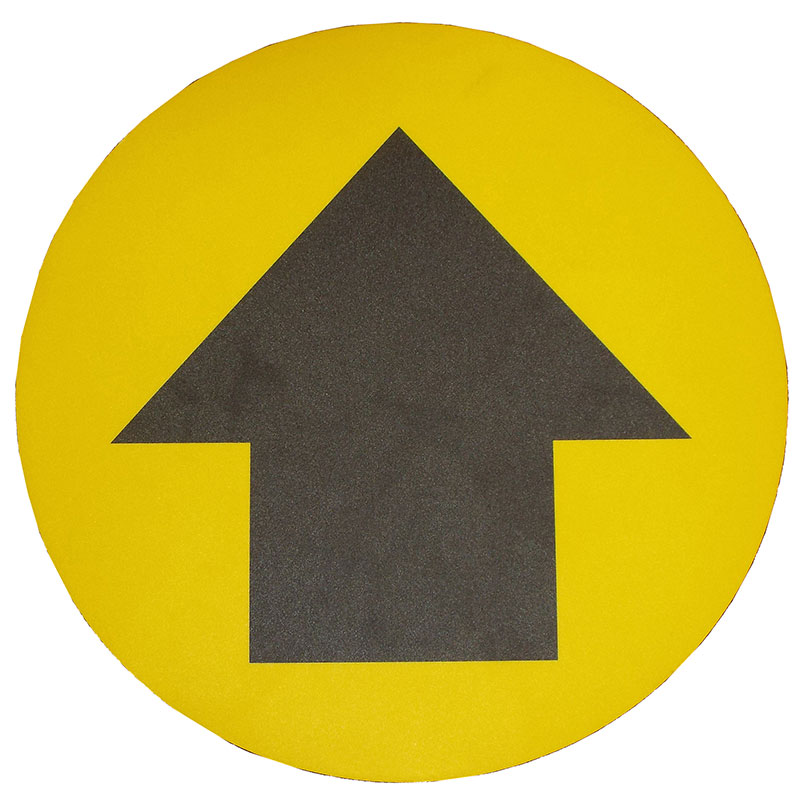 Arrow Graphic Floor Marker - black arrow on yellow background, 430mm diameter