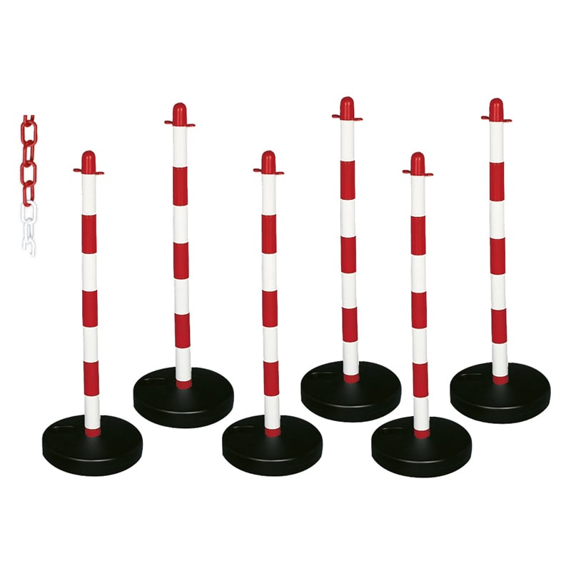 Barrier Kit - 6 Posts, 6mm Chain, Fillable Circular Base, Red & White