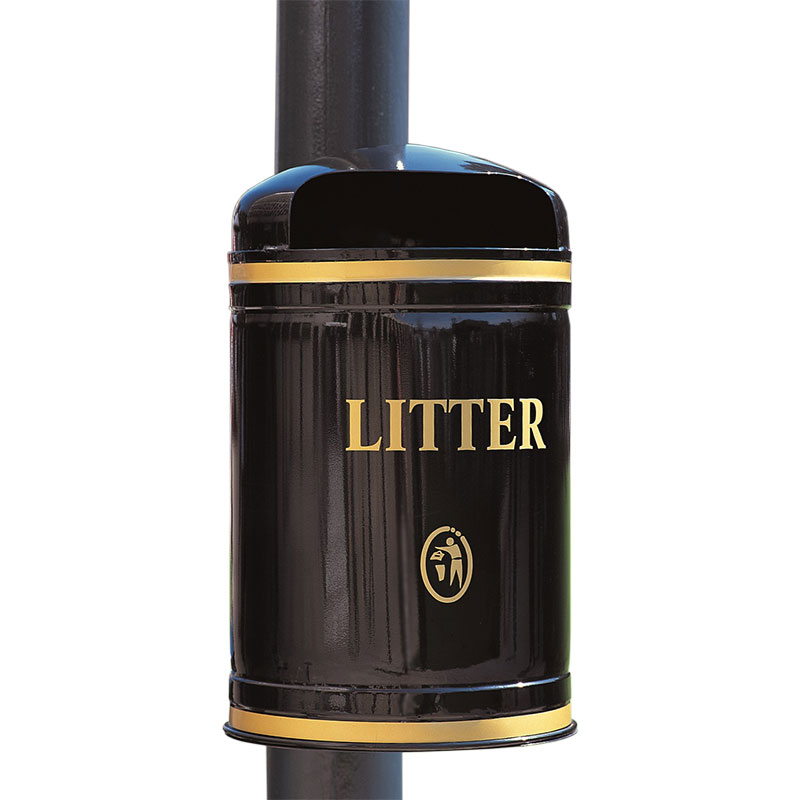 40L Post Mounted Hooded Litter Bin - Black 