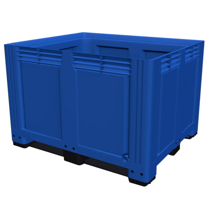 Blue Solid Plastic Box Pallet with 3 Skids - 1000 x 1200 x 770mm