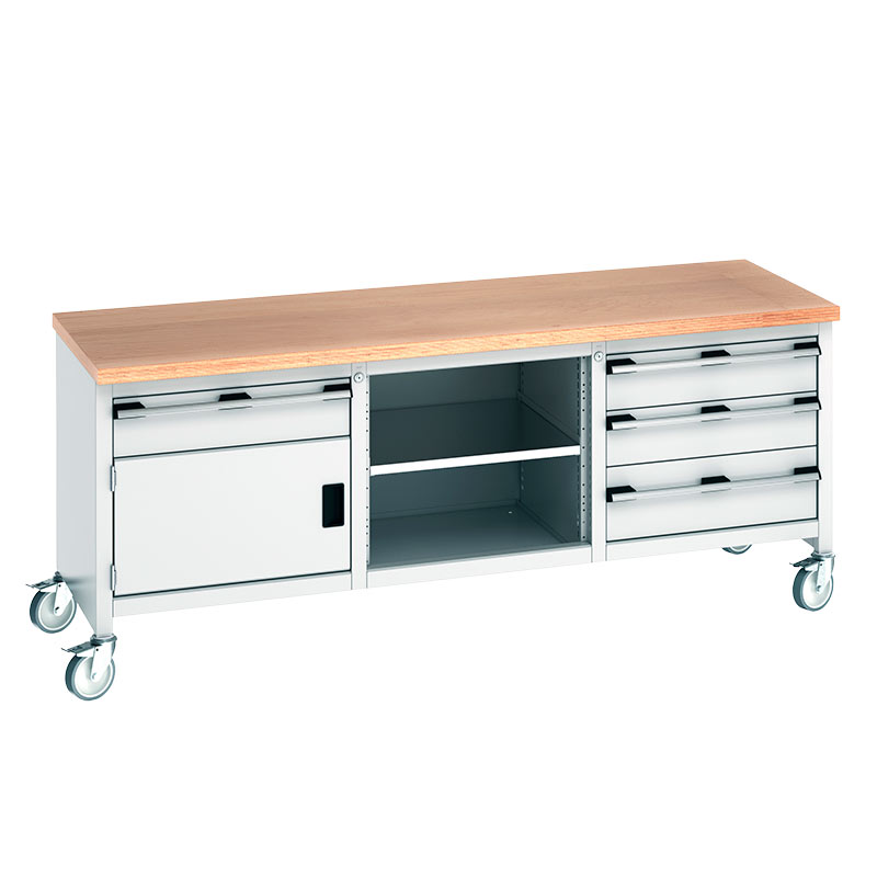 Bott Cubio Mobile Storage Bench, 3 x 150mm & 1 x 200mm drawers, 1 x 350mm cupboard - 840 x 2000 x 750mm