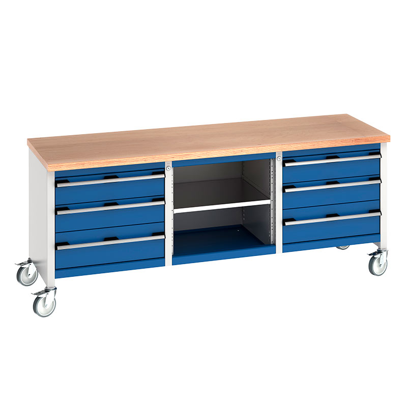 Bott Cubio Mobile Storage Bench, 4, 150mm & 2, 200mm drawers, open shelf - 840 x 2000 x 750mm