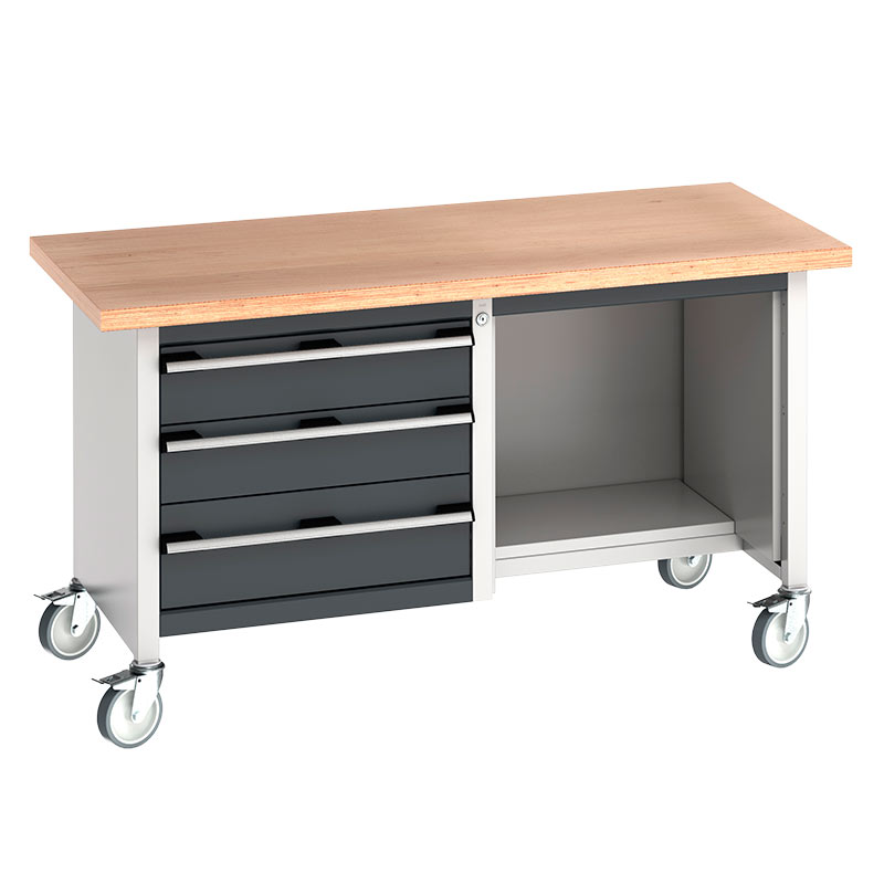 Bott Mobile Storage Bench, 2 x 150mm & 1 x 200mm drawers, 1/2 depth open section - 840 x 1500 x 750mm