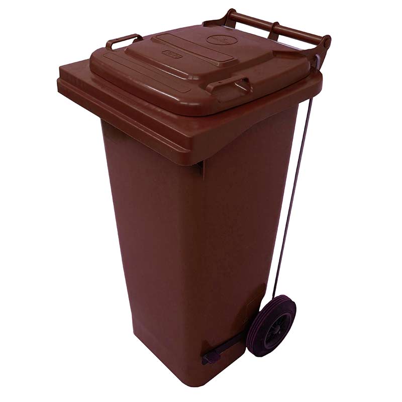 120L Pedal Operated Brown Wheelie Bin - conforms to RAL, DIN, AFNOR and draft CEN standards