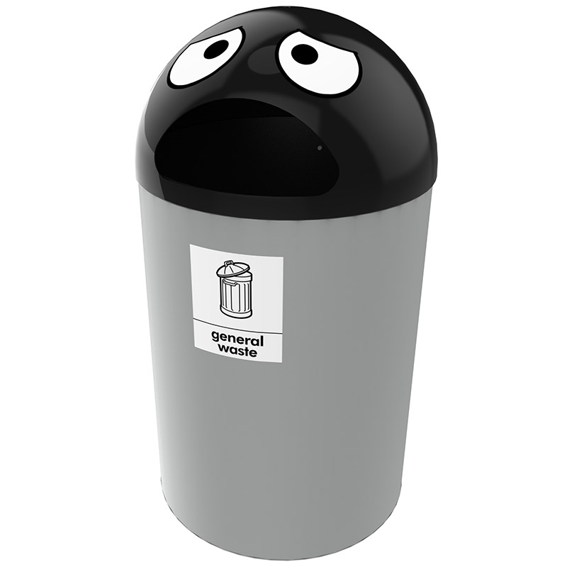 Buddy 75 Litter Bin - Sad Face Aperture With Liner - Black Lid, Grey Body - General Waste Label