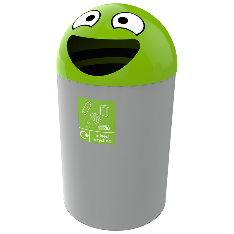 Buddy 75 Litter Bin - Smile Aperture With Liner - Lime Green Lid, Grey Body - Mixed Recycling Label