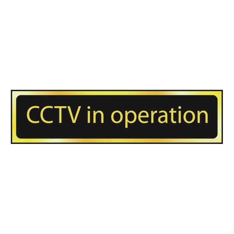 CCTV In Operation Sign - Polished Gold & Black Effect Laminate Self-Adhesive - 50 x 200mm